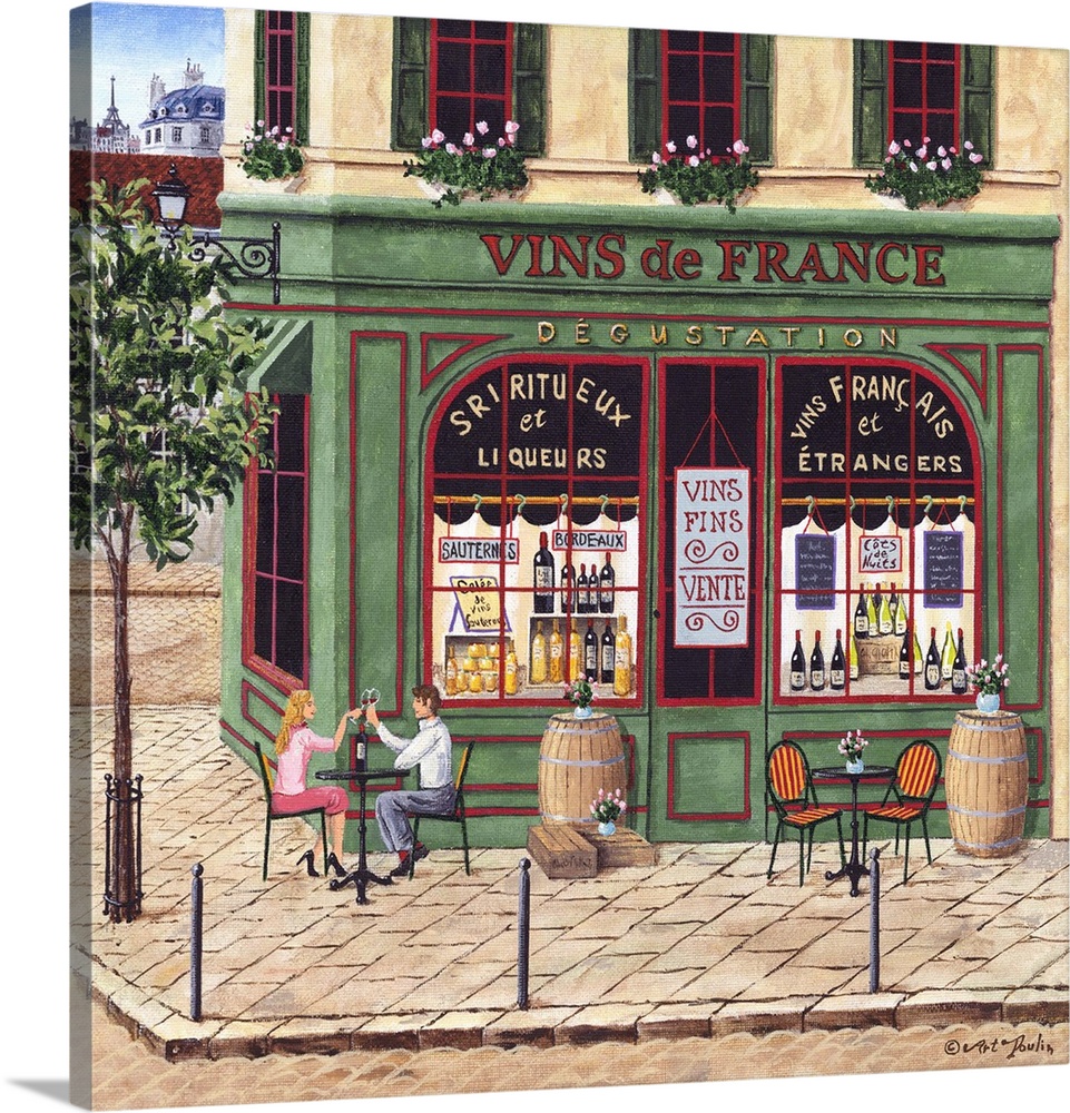 Painting of a Parisian wine and liquor storefront.