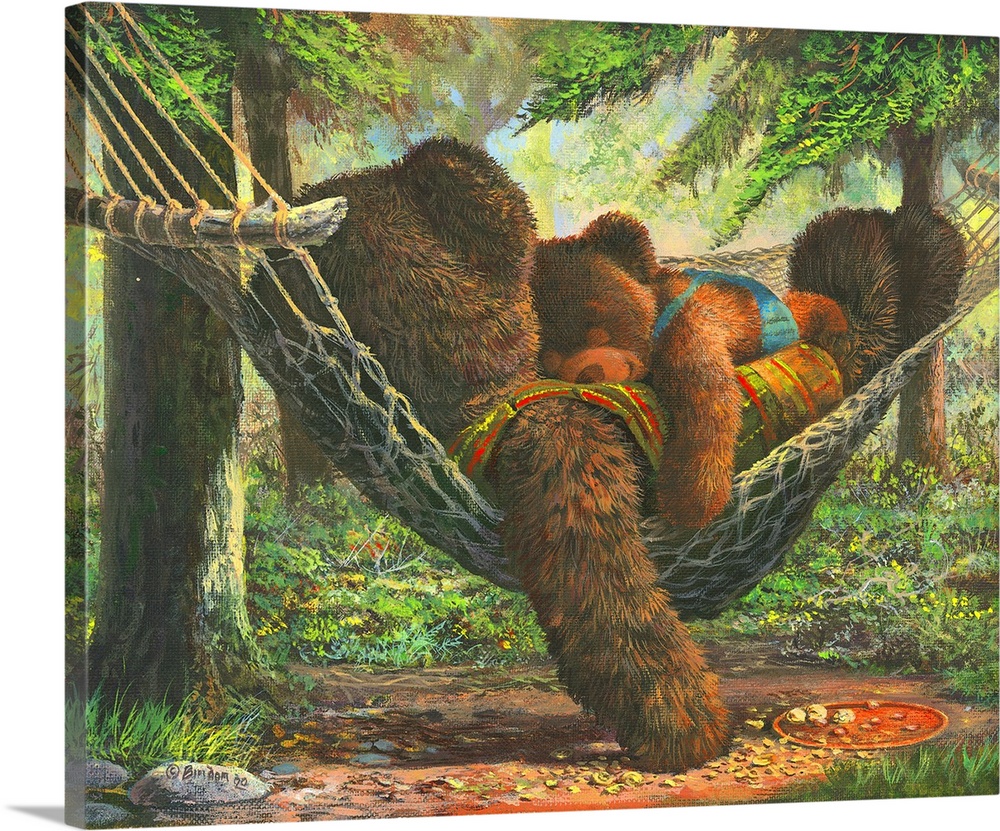 Cute artwork of a dad teddy bear laying on a hammock with his son laying on his chest.