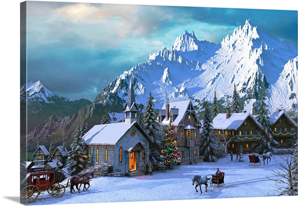 A rustic village in the mountains covered with snow, all the homes have been decorated, and horse drawn carriages going up...