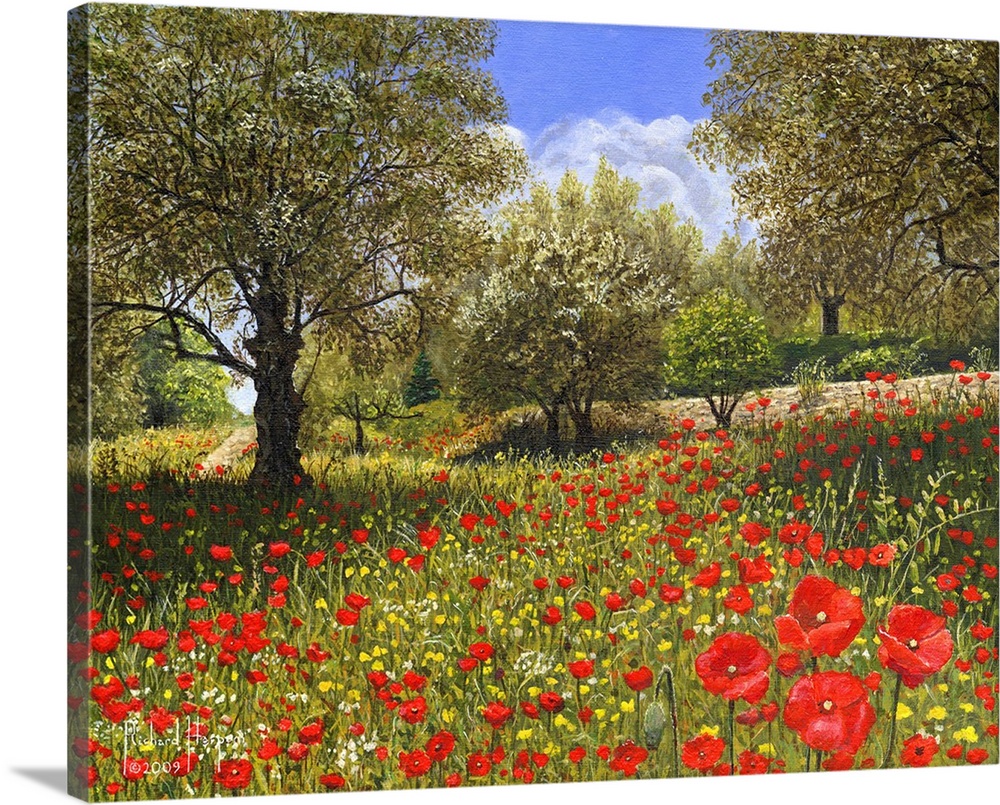 Contemporary painting of a grove of olive trees among patches of red flowers.