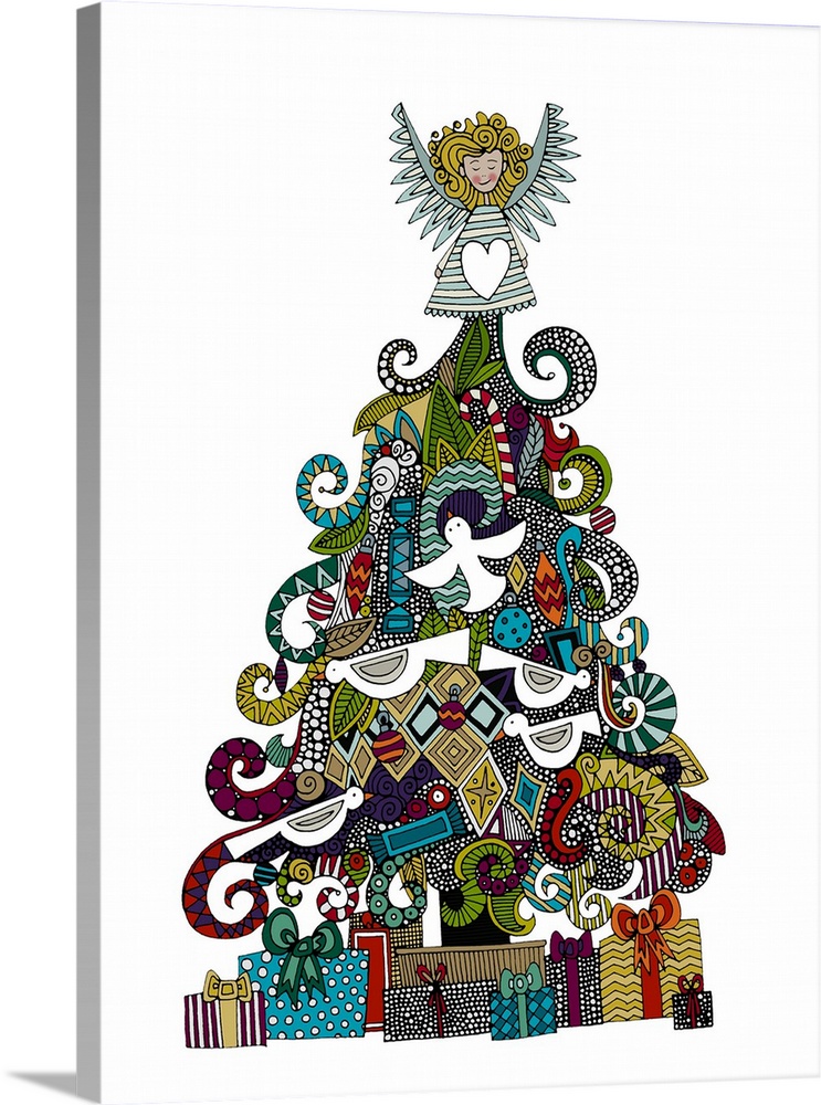 illustrated Christmas tree, gifts and angel
