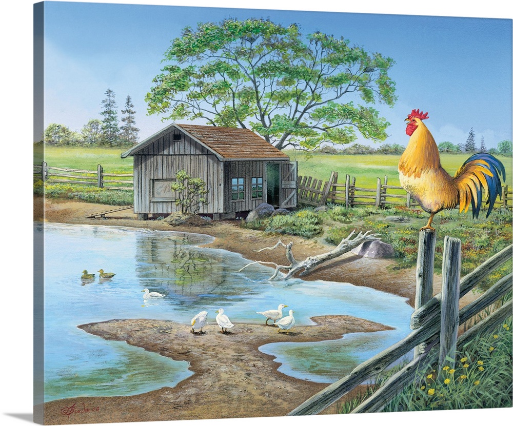Contemporary painting of a rooster atop a fence post crowing.