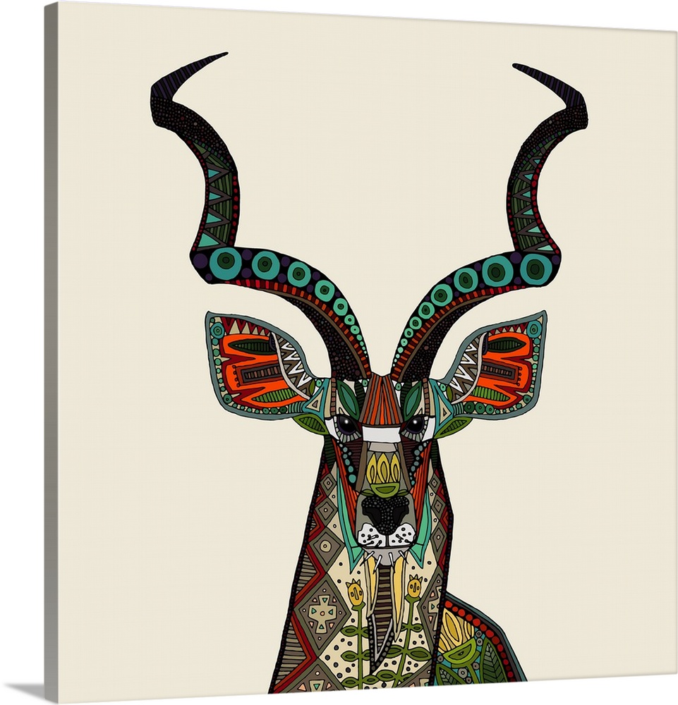 Illustration of an antelope with twisting horns, embellished with patterns.