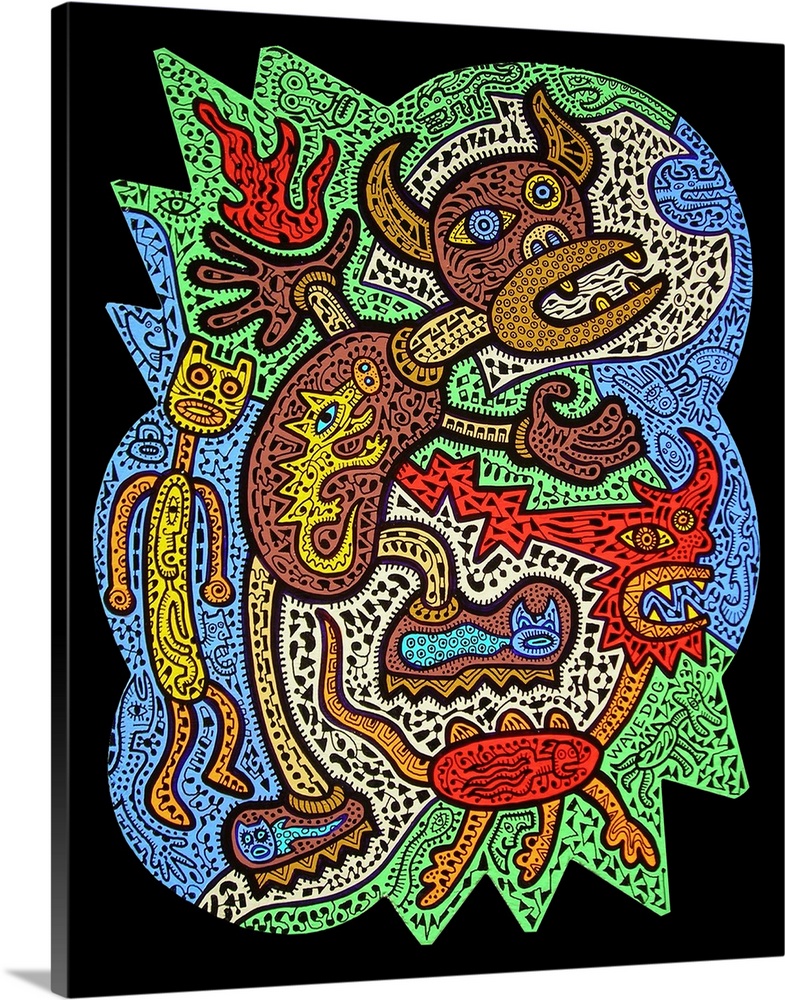 Contemporary artwork with tons of detail and color, with aboriginal  inspired undertones in an urban art style.