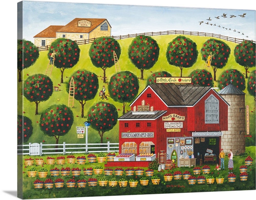 Americana scene of a barn selling apple goods in front of an orchard.