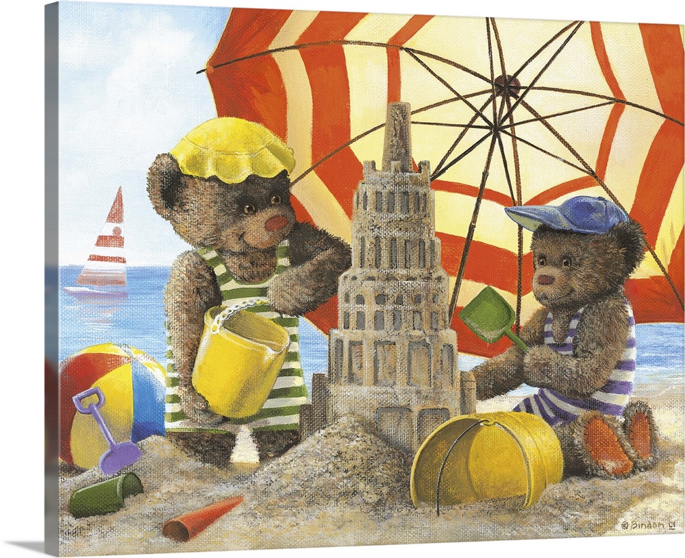 Two teddy bear children making a sandcastle on the beach.