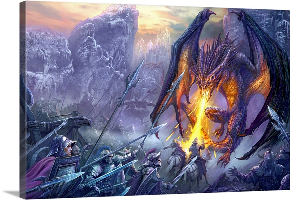 Horizontal fantasy artwork on a large wall hanging of a dragon breathing fire onto a large group of warriors in armor as t...