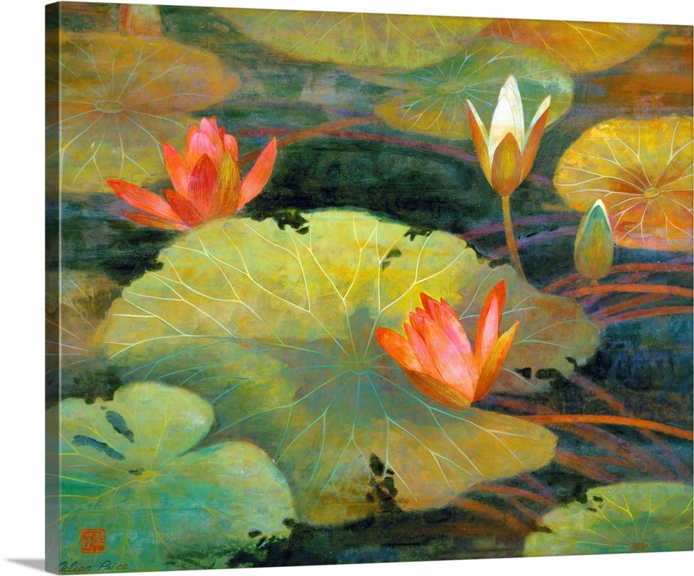 This is a horizontal, contemporary painting full of detail of lily pads and lotus blossoms floating in a murky pond.