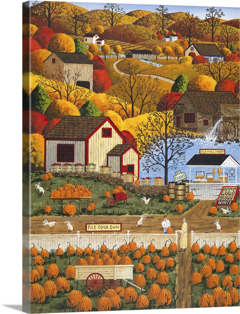 Americana scene of farm houses near a pumpkin patch.
