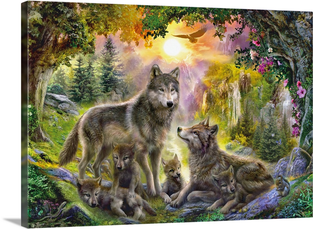 Fantasy painting of an eagle flying above two adult wolves and their children in a lush fall landscape.