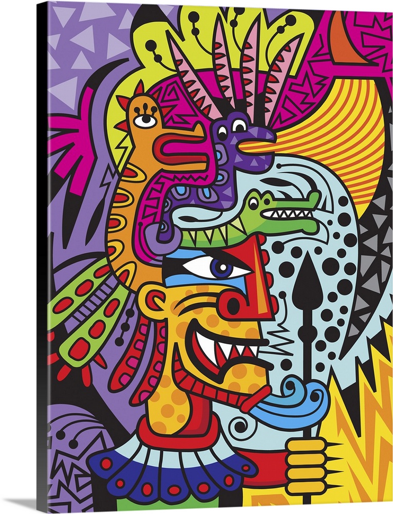 Colorful urban art inspired Aztec warrior figure surrounded by vivid colors and patterns.