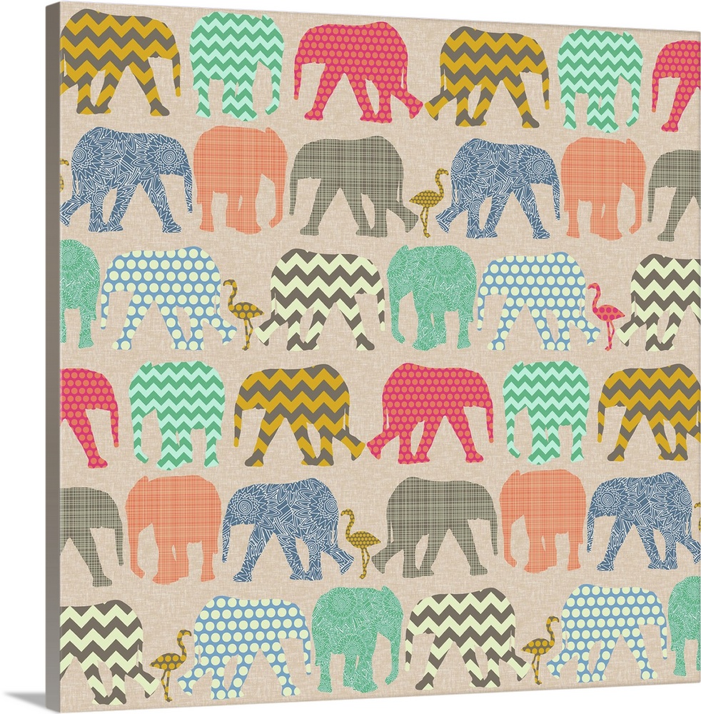repeating pattern ~ geo baby elephants and flamingos on linen texture background