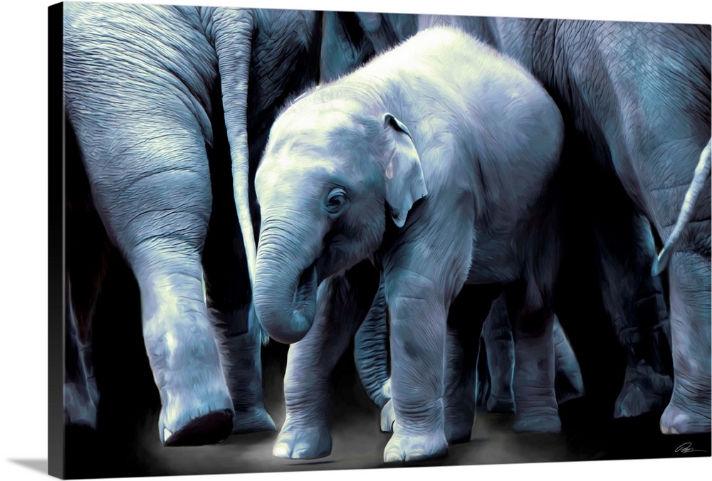 Contemporary animal art of a baby elephant in a herd of adult elephants.