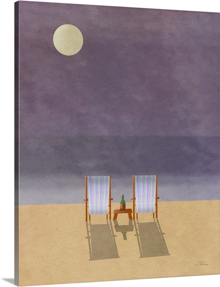 Two beach chairs on the sand under a full moon.