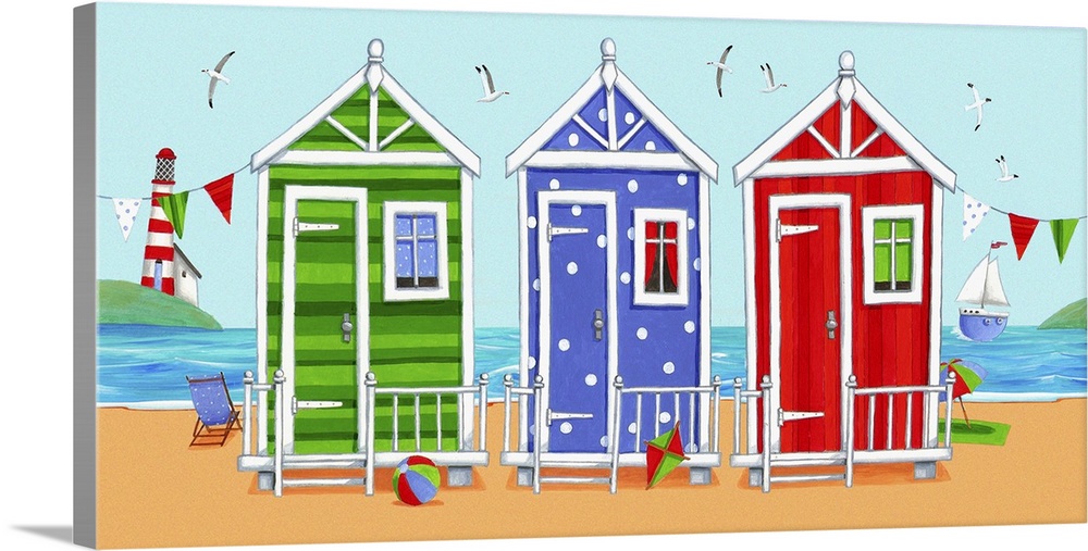 Whimsical colorful beach art of three different colored beach huts, with the ocean in the background.