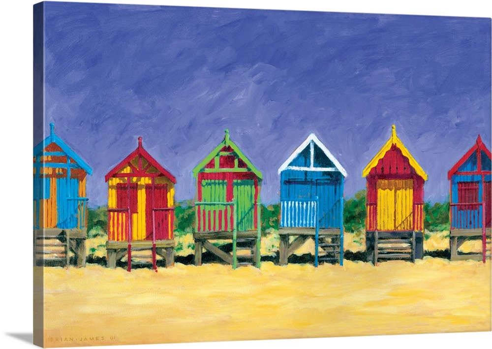 BEACH HUTS A3 MOUNTED PRINTS FROM PAINTINGS BY D.BAILEY LOW TIDE 3 