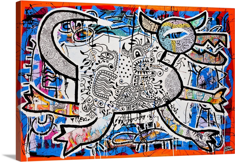 Contemporary abstract painting of a bull like figure in an urban style, with lots of color and detail.