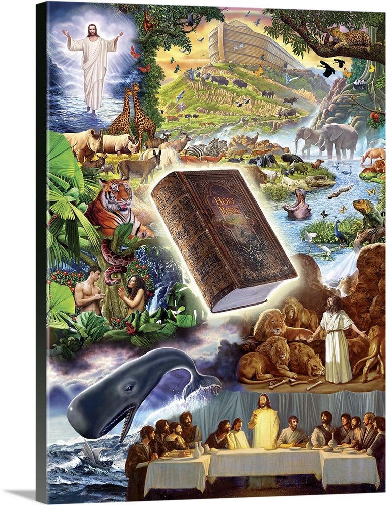Elements from the Bible in composite format - walking on the water, Noahs Ark, The Bible, Daniel in the lion's Den, Adam a...