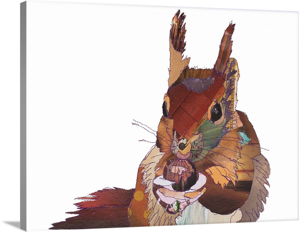 Horizontal artwork of a red squirrel with a nut in a collage style outlined in stitches.