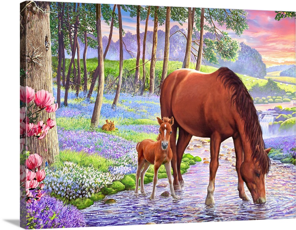 Mare and Foal in a stream running through a bluebell wood.