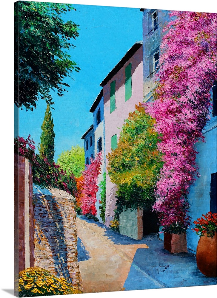 Contemporary painting of a rural village covered in bright flowers.