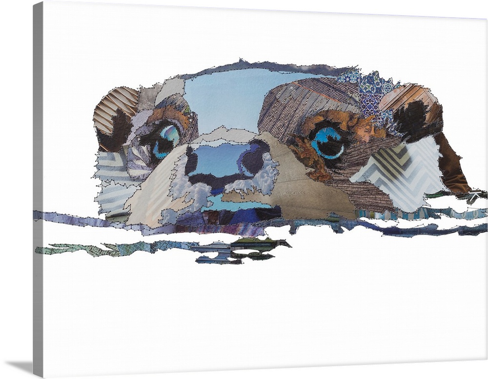 Horizontal artwork of an otter in water in a collage style outlined in stitches.