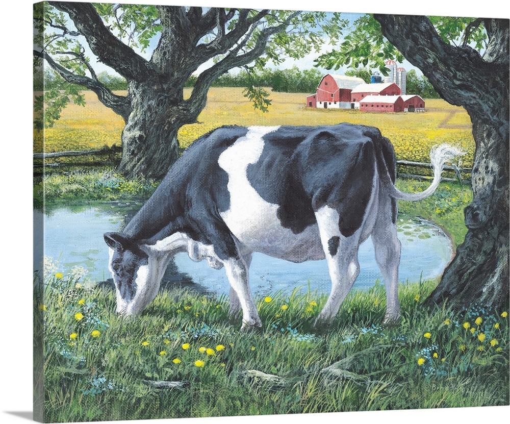 Contemporary artwork of a cow grazing on lush grass next to a pond, with a red barn in the distance.