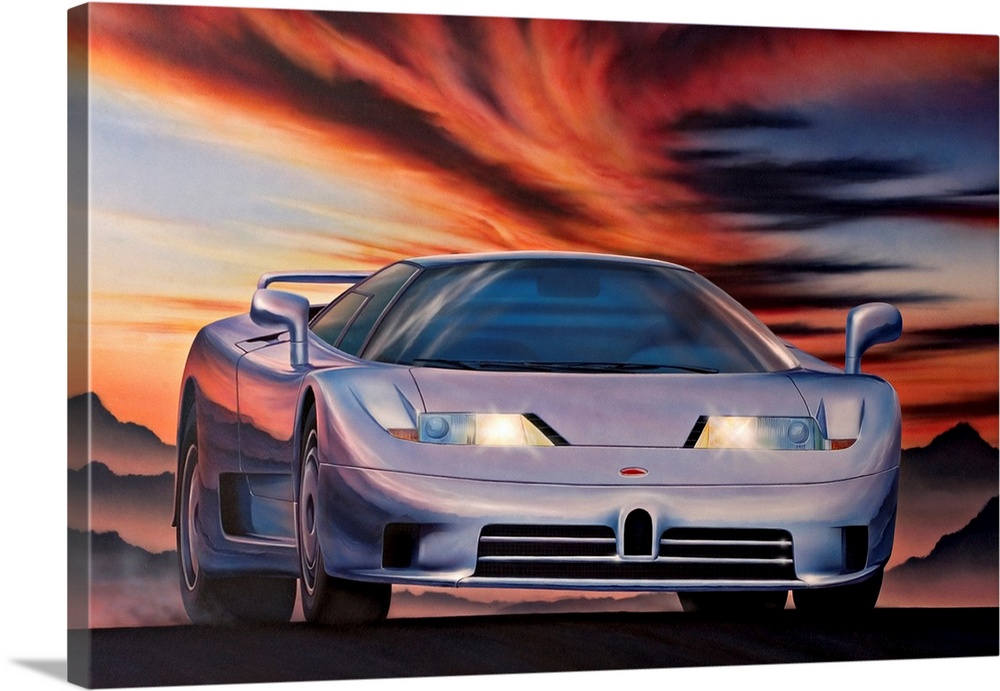 Artwork of sports car with mountains and dark cloudy sky in the background.