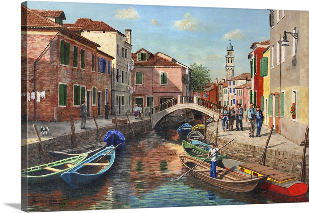 Contemporary paining of a canal running through the city of Venice.
