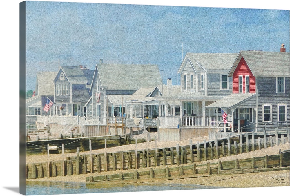 Houses with docks leading to the ocean in New England.