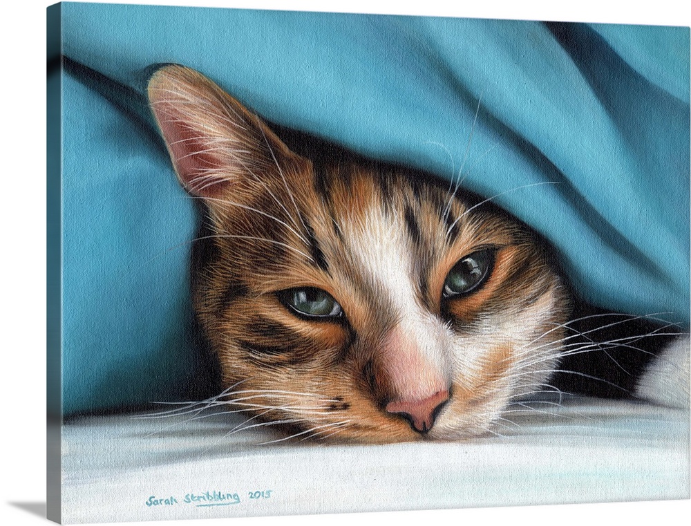 Oil painting on canvas of a domestic cat under a blanket.