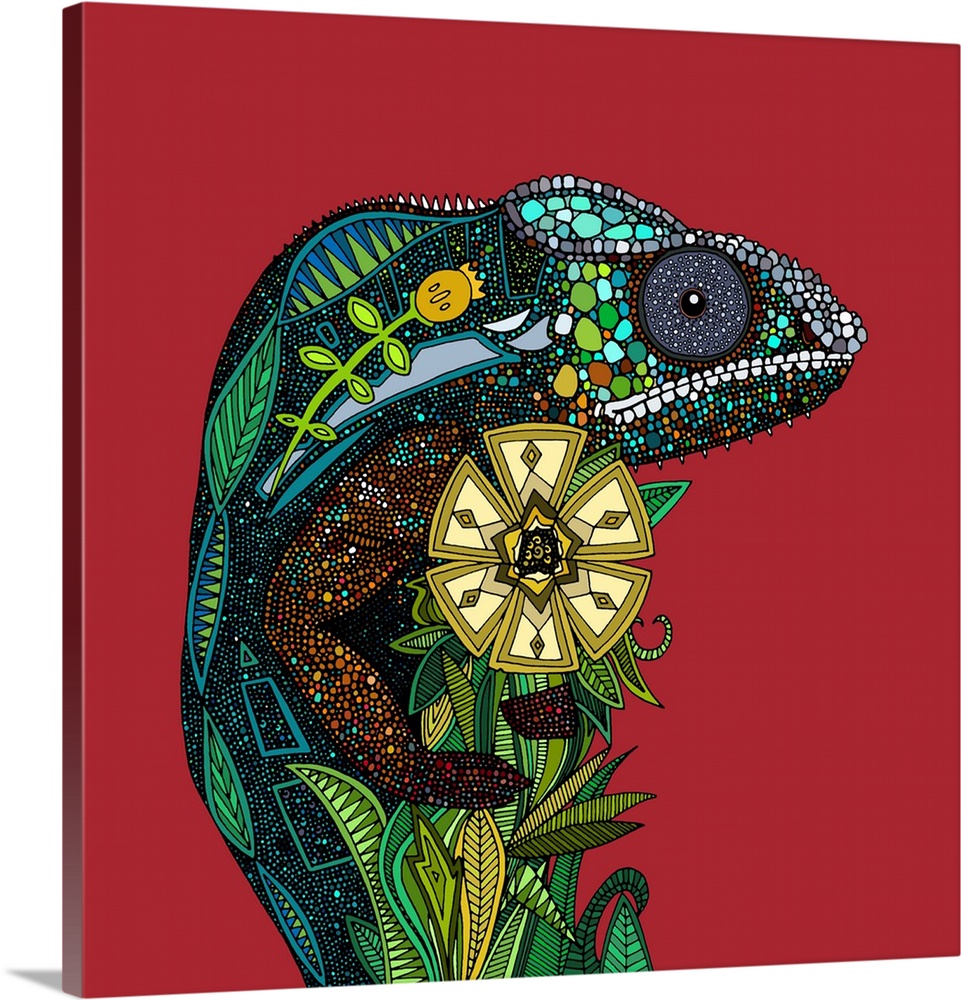 Illustrated chameleon on red