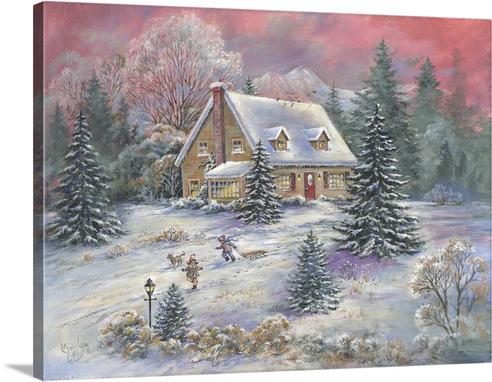 Painting of a countryside cabin in the midst of winter surrounded by snow and trees.