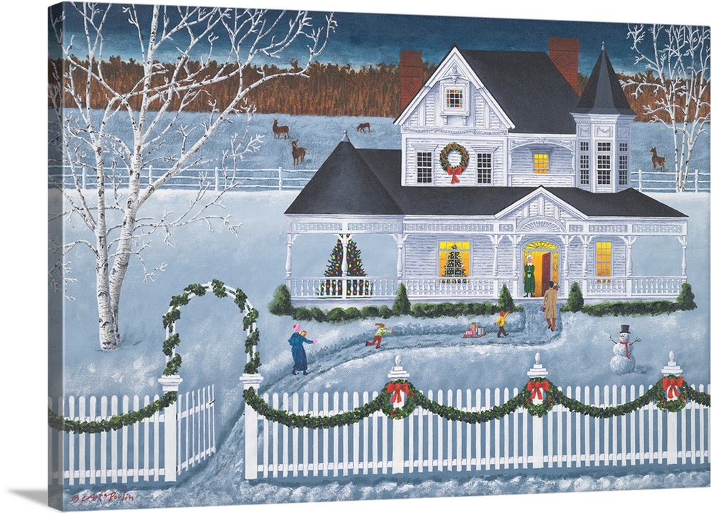 Americana scene of a family playing in the snow outside of a house at Christmastime.