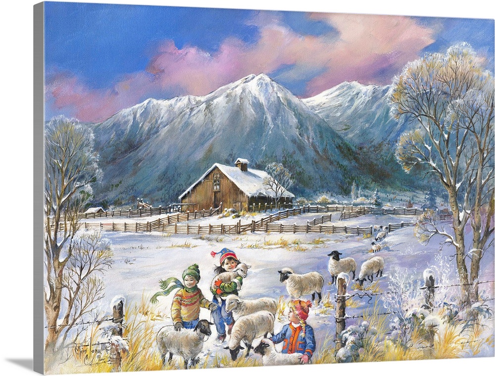 Contemporary painting of children playing with young lambs in the snow.