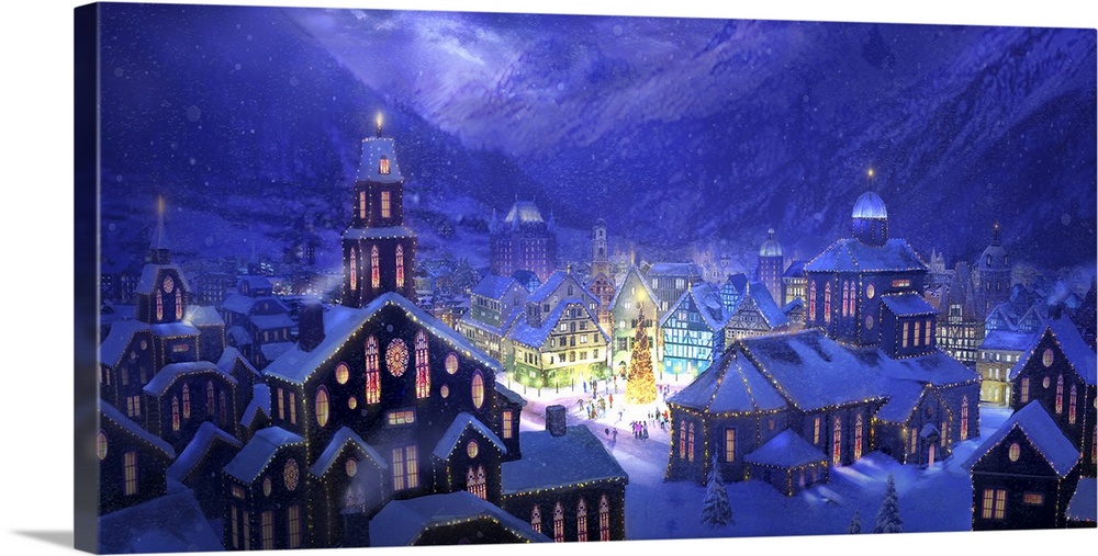 Contemporary artwork of a snowy mountain village illuminated by the Christmas put up by the town.