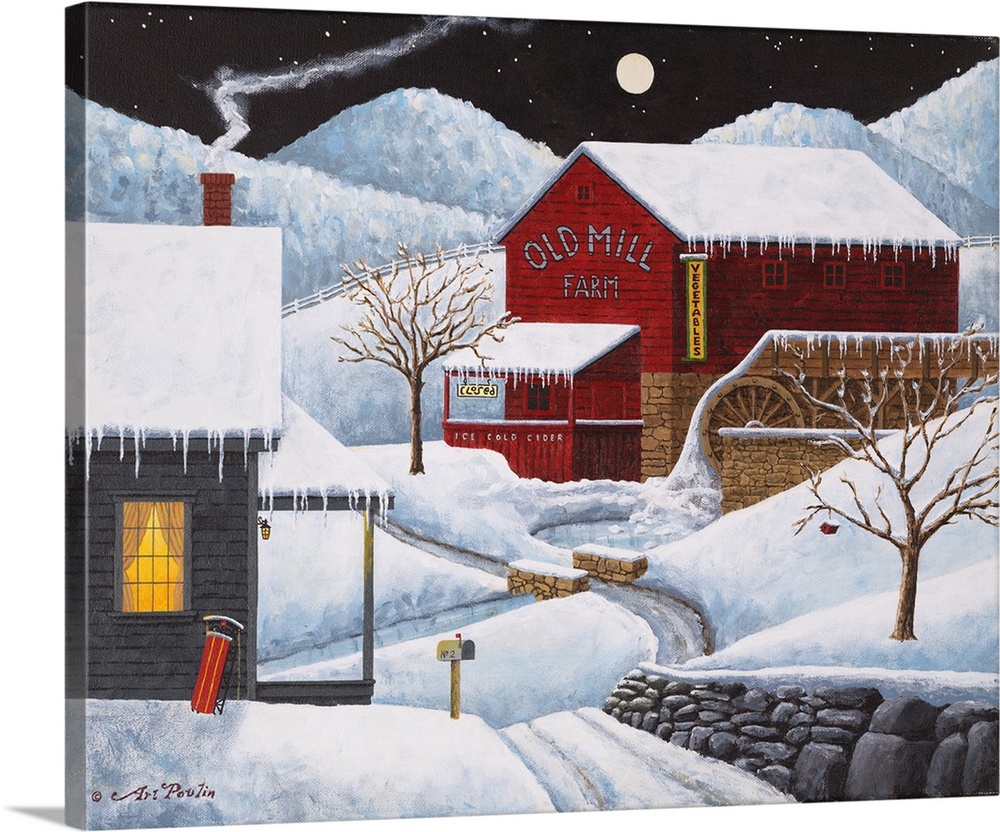 Americana scene of a red water mill covered in snow on a winter night.