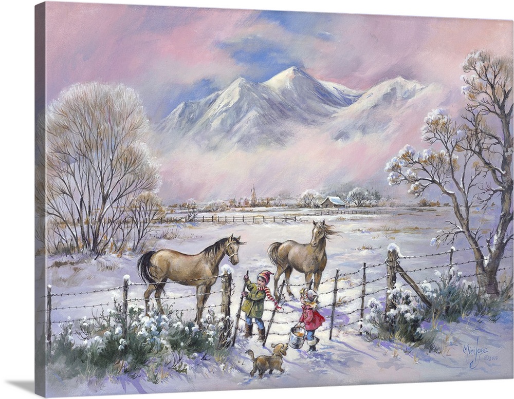 Contemporary painting of two children fixing a fence to the horse paddock.