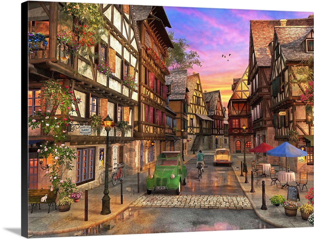 Illustration of the town of Colmar at sunset.