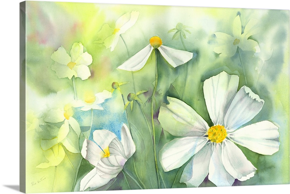 Contemporary watercolor painting of vibrant colorful flowers.