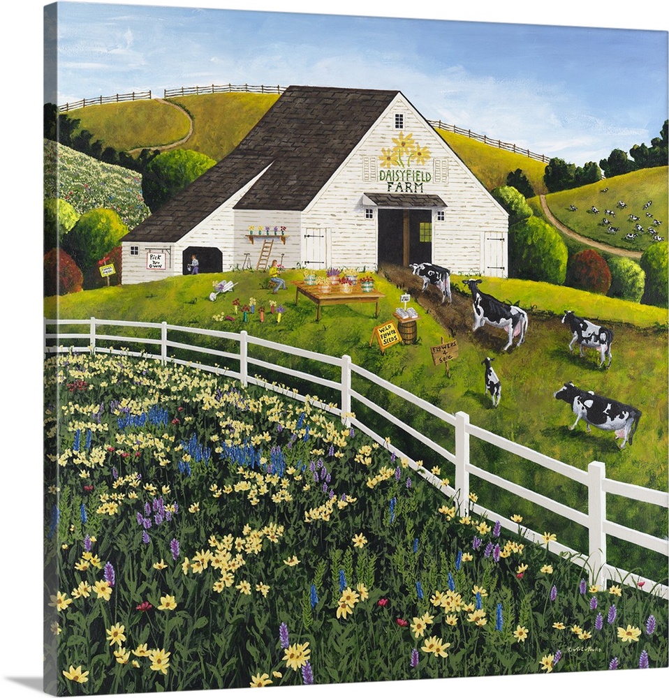 Americana scene of a dairy farm with cattle near a field of wildflowers.