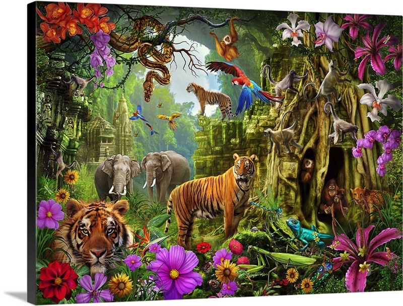 Dark Jungle Temple And Tigers | Great Big Canvas