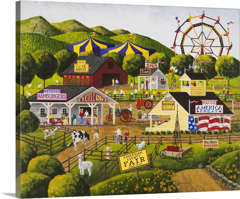 Americana scene of a county fair with a Ferris Wheel and livestock shows.