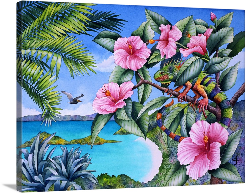 Tropical themed artwork of an iguana scaling a flowering branch.