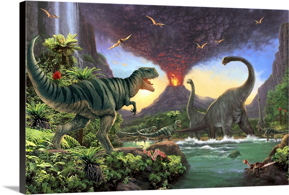 Large detailed painting of dinosaurs fleeing an exploding volcano.