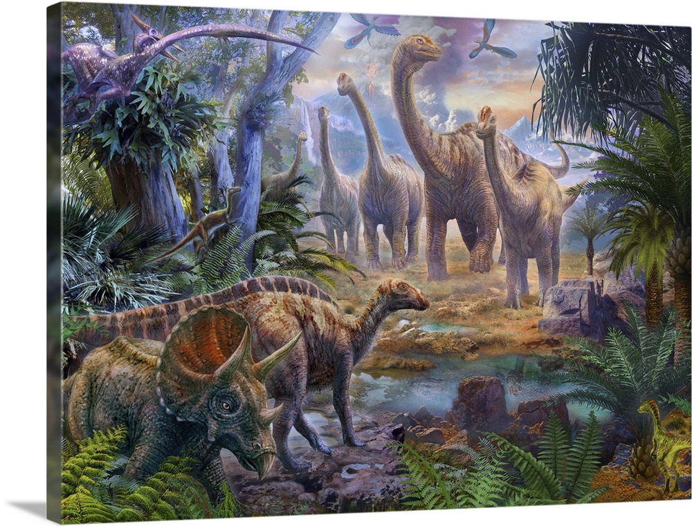 Colorful artwork of a dinosaurs in a tropical paradise.