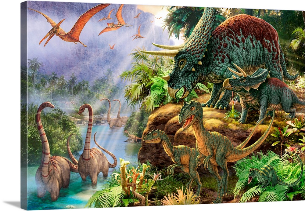 A large artwork piece that contains several species of dinosaurs with some standing in a river and others on top of a hill...