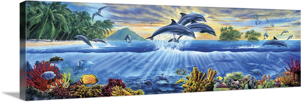 Three Dolphins leaping out of the sea from a side on perspective with an underwater scene including coral, manta rays, and...