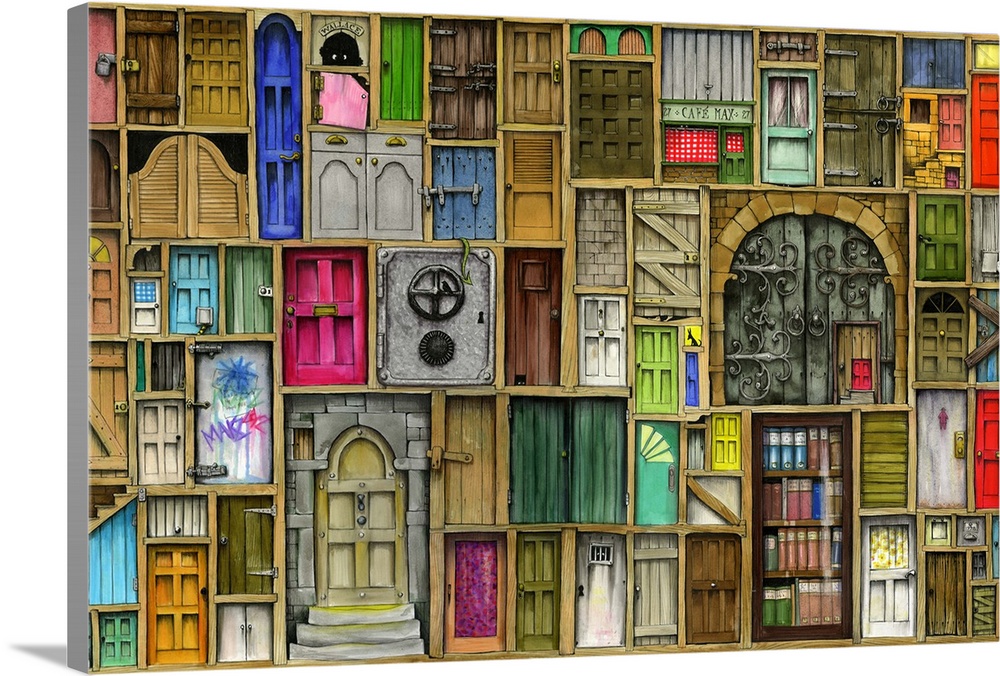 A whimsical and very finely-detailed illustration of dozens of different style doors making up a collage.