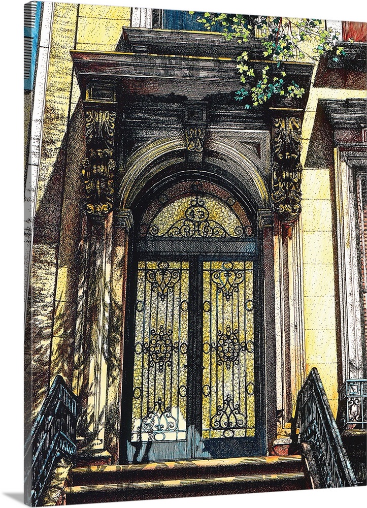 Contemporary illustration of an ornately decorated door to an urban building.